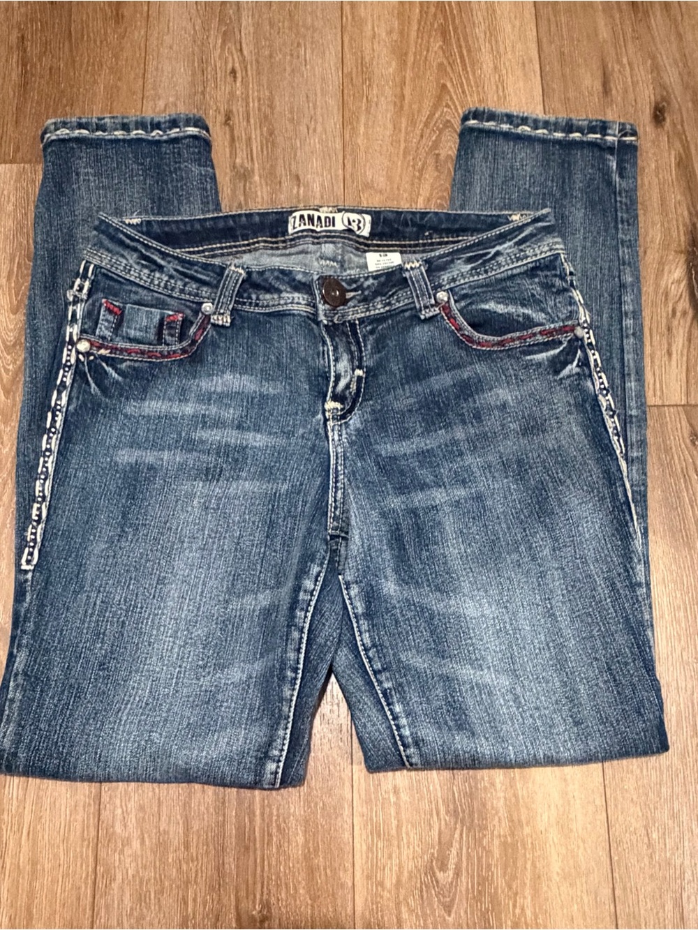 Zanadi Women's Straight Leg Jeans in Medium Blue Denim with Red Accent